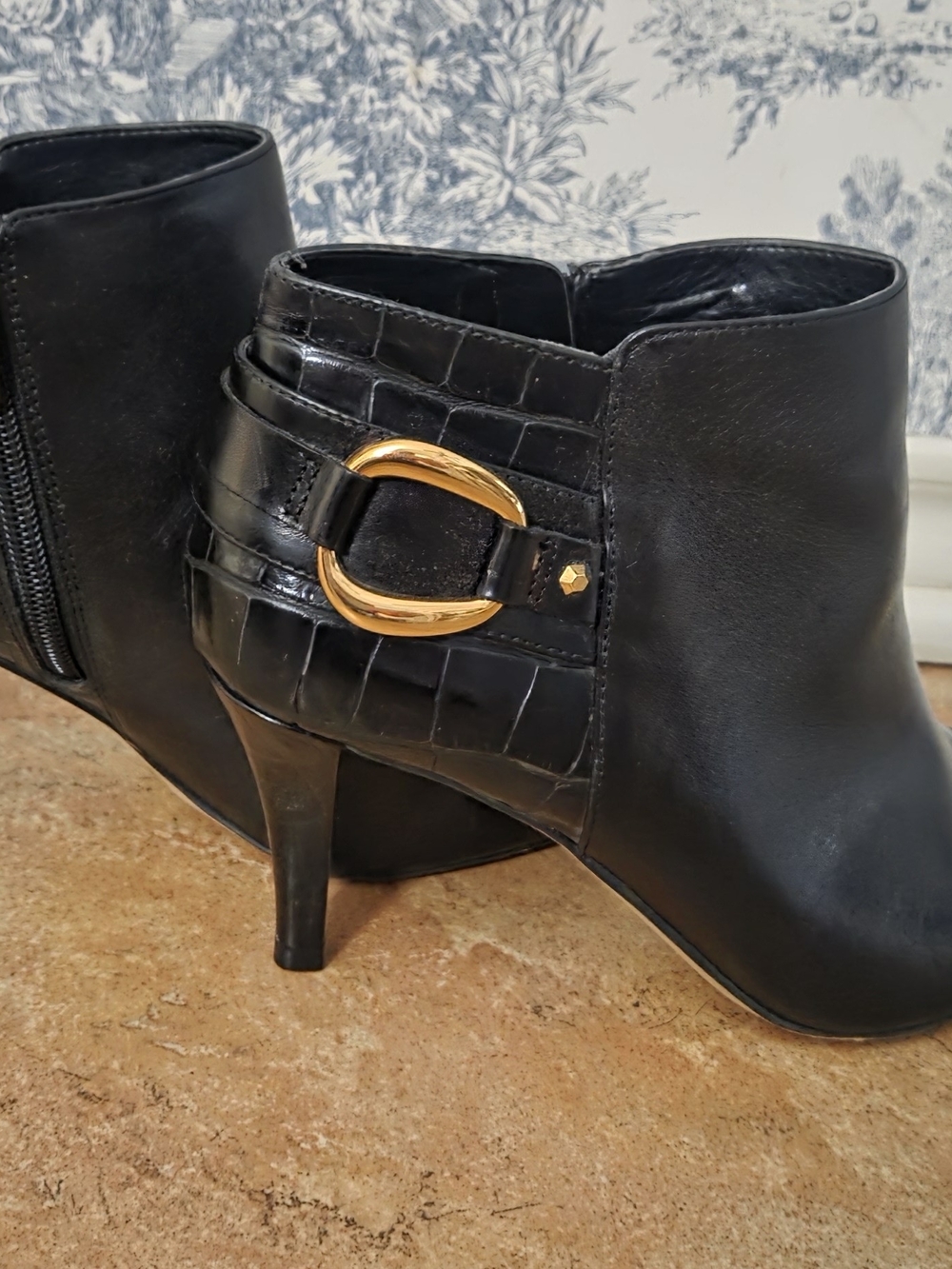Vince Camuto Black Croc-Trim Ankle Booties with Gold Buckle